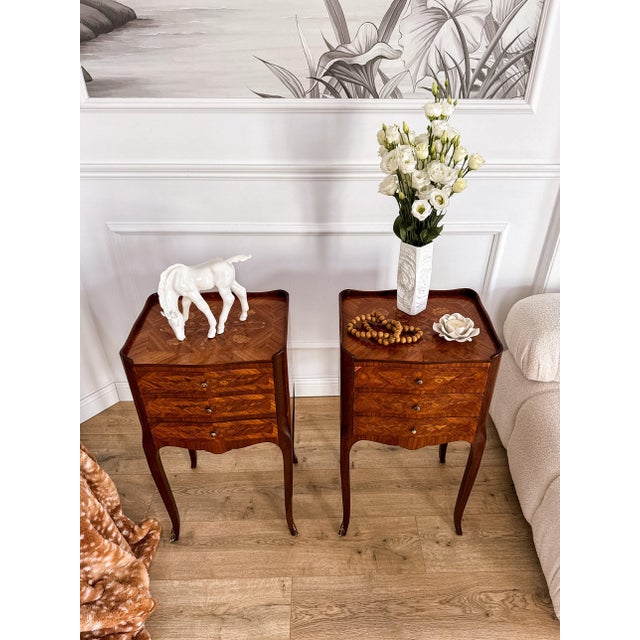 Mid-Century French Louis XV Style Marquetry Nightstands, 1950s, Set of 2 For Sale - Image 14 of 18