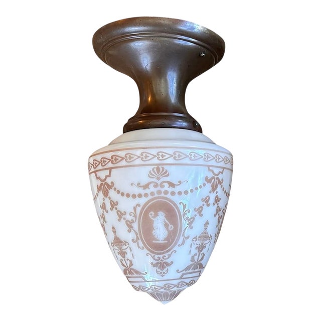 Painted Classical Motif Cased Glass Flushmount on Original Brass Holder, Circa 1910 For Sale