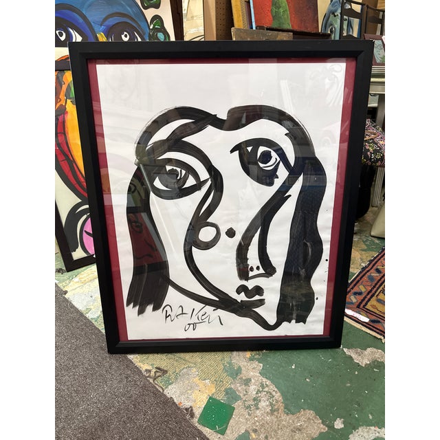 Terrific Abstract Painting by Peter Robert Keil. The painting depicts a portrait in black and white and is framed. COA on...