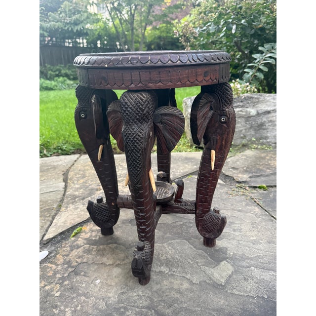 Early 20th Century Antique Anglo-Indian Hand-Carved Elephant Side Table With Bone Inlay For Sale - Image 5 of 18