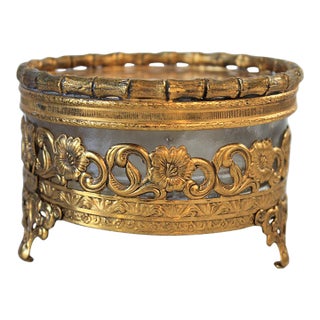 Vintage Gold-Toned Ormolu and Glass Filigree Trinket Box or Jewelry Casket For Sale