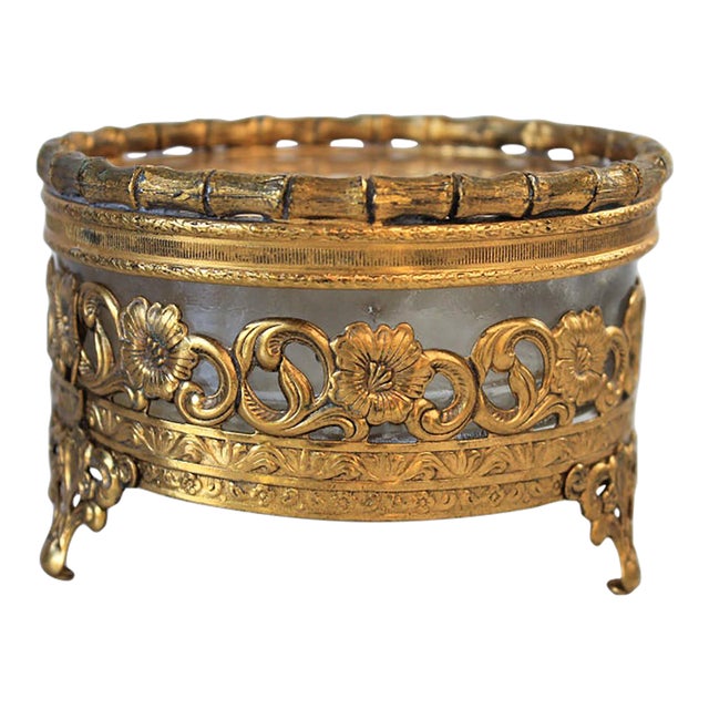 Vintage Gold-Toned Ormolu and Glass Filigree Trinket Box or Jewelry Casket For Sale