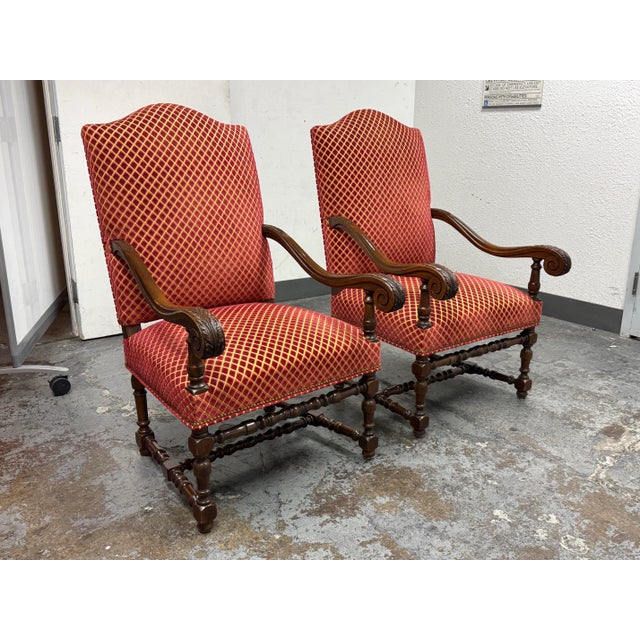 French Vintage Louis XIII Style Throne Chairs, Pair For Sale - Image 3 of 12