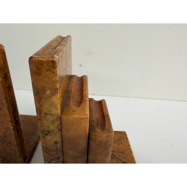 1930s Vintage Italian Alabaster Bookends – Art Deco Style Brown Veined Stone Pair For Sale - Image 5 of 14