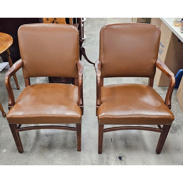 Mid 20th Century Pair of Mid 20th Century Gunlocke Georgian Style Mahogany and Vinyl Armchairs For Sale - Image 5 of 9