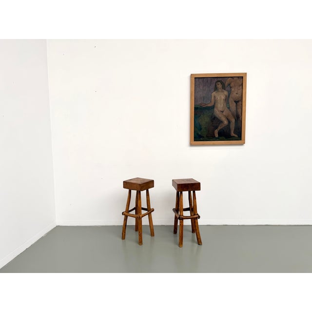 Maison lecan presents this pair of brutalist-style bar stools, french craftsmanship from the 1950s. These pieces exemplify...