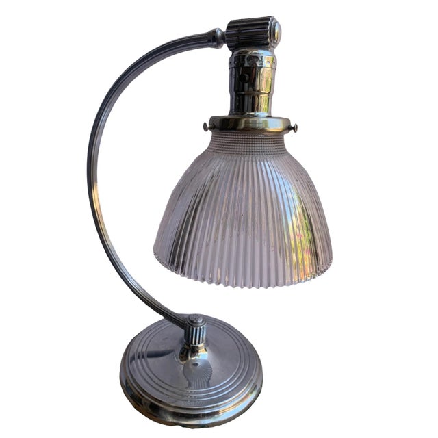Art Deco Chrome Table Lamp With Flat Bottom Ribbed Holophane Glass Shade For Sale In Los Angeles - Image 6 of 7