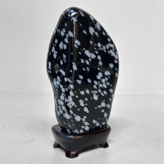 Japanese Obsidian Snowflake Suiseki with Wooden Display Stand, 1980s For Sale - Image 10 of 13