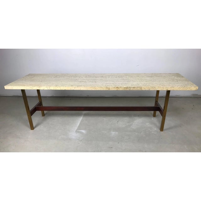 Mid-Century Modern Travertine Walnut and Brass Cocktail Table Designed by Phillip Enfield For Sale - Image 3 of 8
