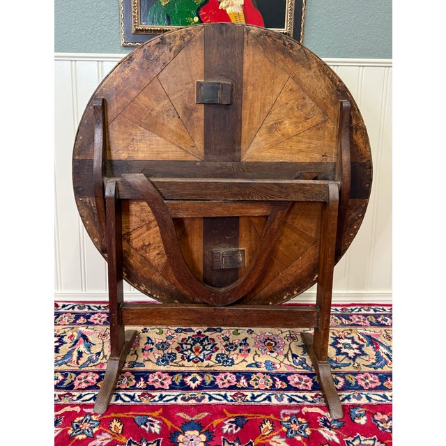 Antique French Vendage Round Flip Top Gateleg Wine Table Oak Trestle Feet c.19th For Sale - Image 18 of 18