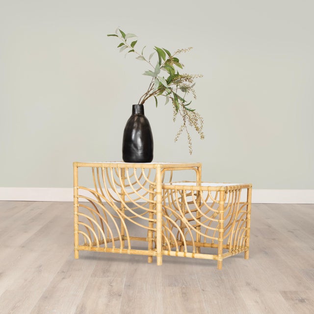 This functional and stylish two-piece nesting table features a Rattan frame with rawhide bindings and a clear, glass top....