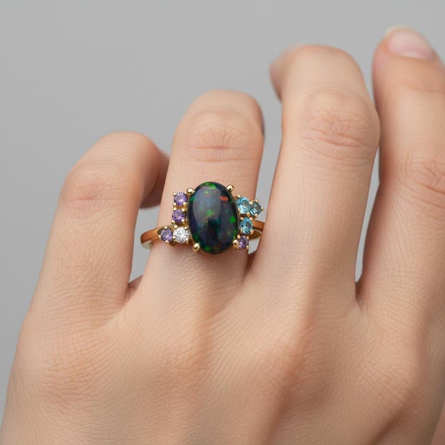 Black opal multicolor ring in 14k gold. Black opal oval cabochon ring. Black gemstone cocktail ring. Metal: 14k gold...