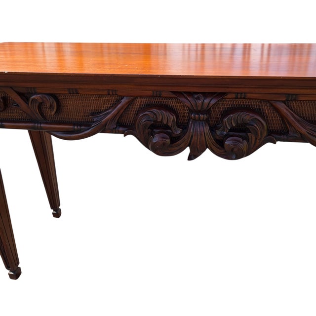 Ethan Allen 1990s Ethan Allen Mahogany Carved French Regency Sofa Hall Table Console Woven Cane For Sale - Image 4 of 18
