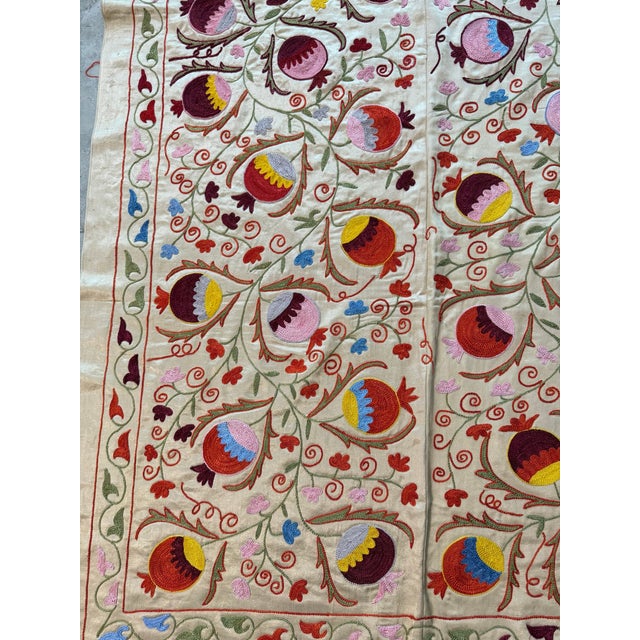 Square Ivory Silk Suzani Tapestry With Pomegranates For Sale - Image 4 of 9