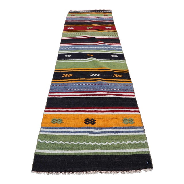 1980s Colorful Striped Mid Century Design Runner Kilim Rug For Sale