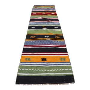 1980s Colorful Striped Mid Century Design Runner Kilim Rug