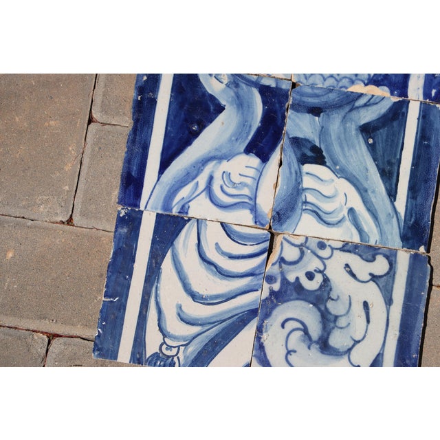 Ceramic 18th Century Portuguese Baroque Tiles With Mythological Figure Details and Elaborate Cobalt Scrollwork, Set of 6 For Sale - Image 7 of 9