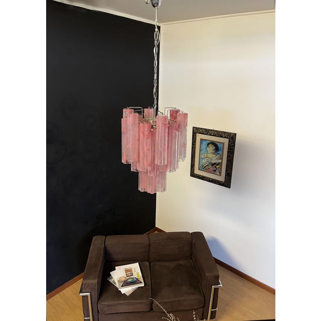 1990s Vintage Glass Tube Chandelier with 30 Albaster Pink Glasses, 1990s For Sale - Image 5 of 18