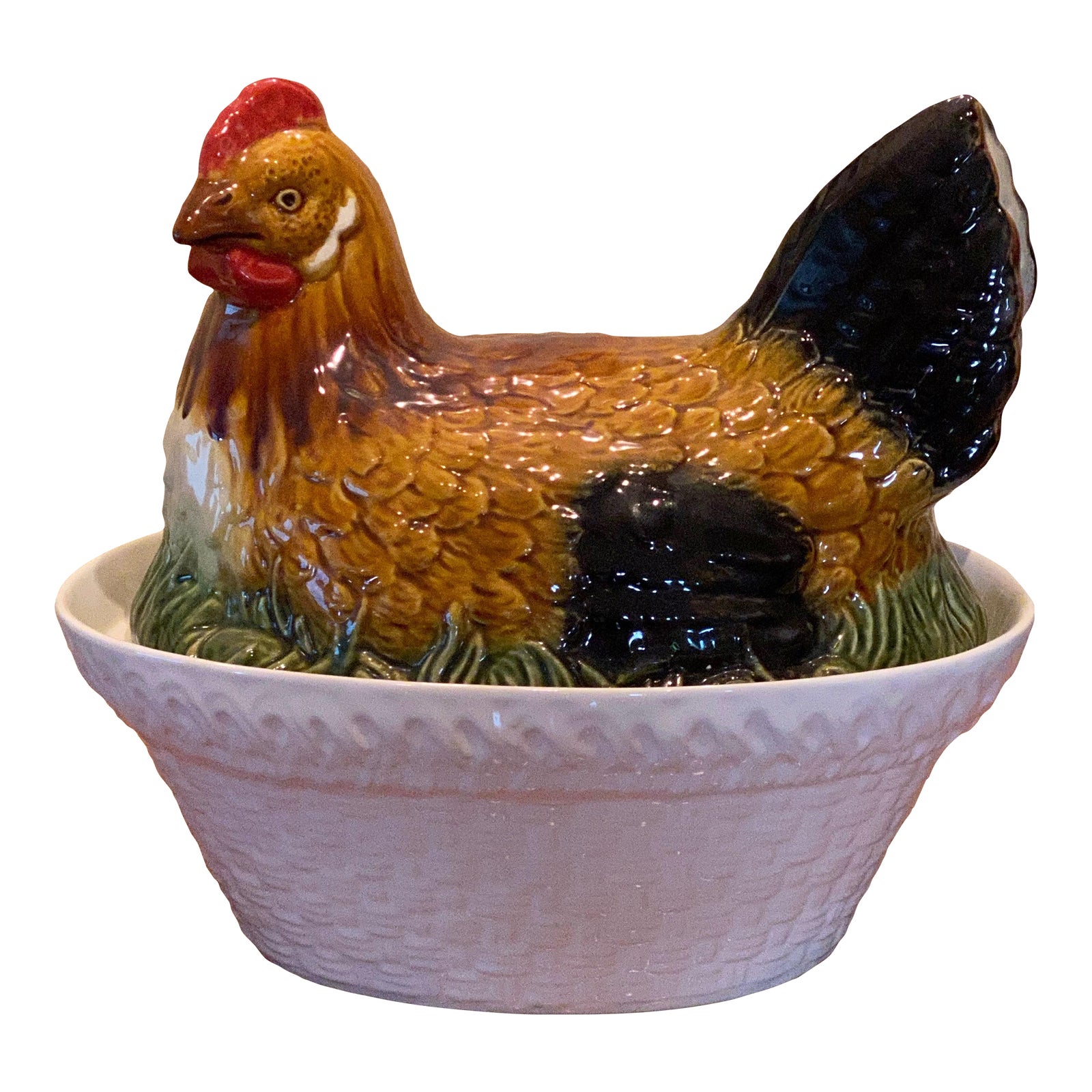 1980 Large Ceramic Hen Rooster Hand Painted Signed Tureen 2 Piece Chicken Lid and Ceramic Tureen