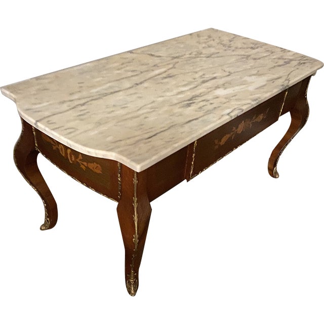 1920s Traditional Cherry Wood and Marble Coffee Table For Sale