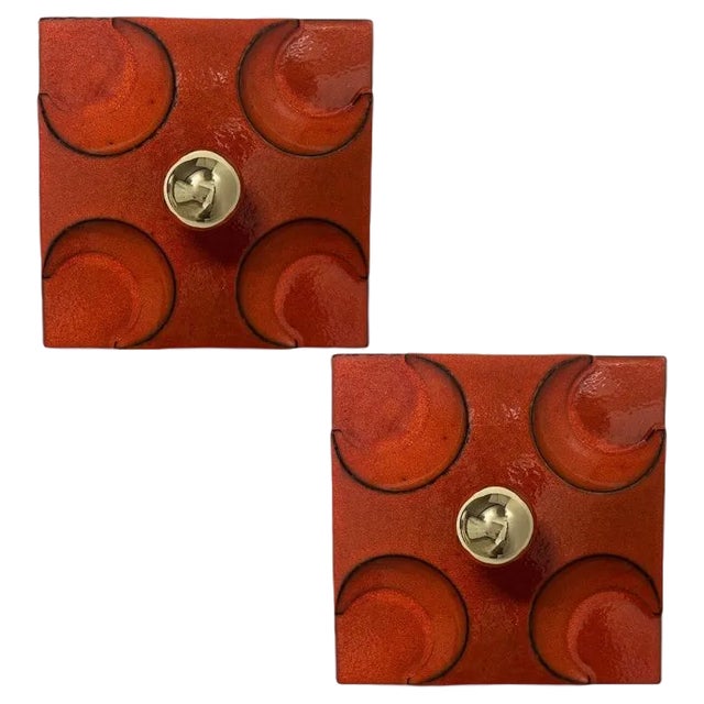 German Orange Square Ceramic Wall Lights, 1970, Set of 2 For Sale