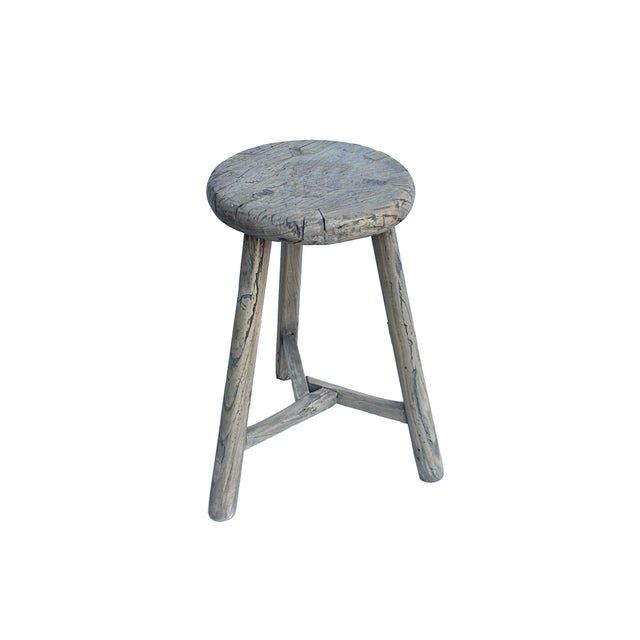 Rustic Raw Rough Wood Grain Round Top Tri-Legs Stool Side Table For Sale - Image 4 of 5