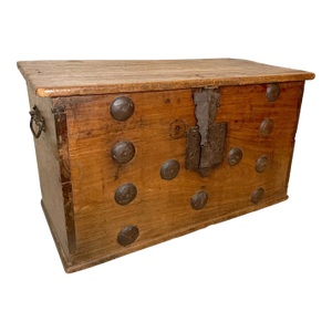Rare Antique 18th Century Wrought Iron Adorned Wood Blanket Chest Trunk Box