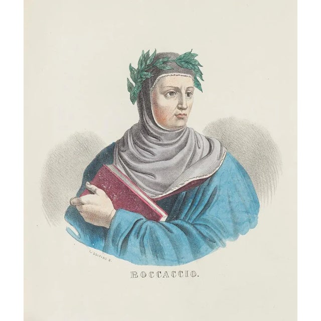 Boccaccio is an original hand-colored lithograph artwork realized by Dolfino in 19th Century. Signed on the plate on the...