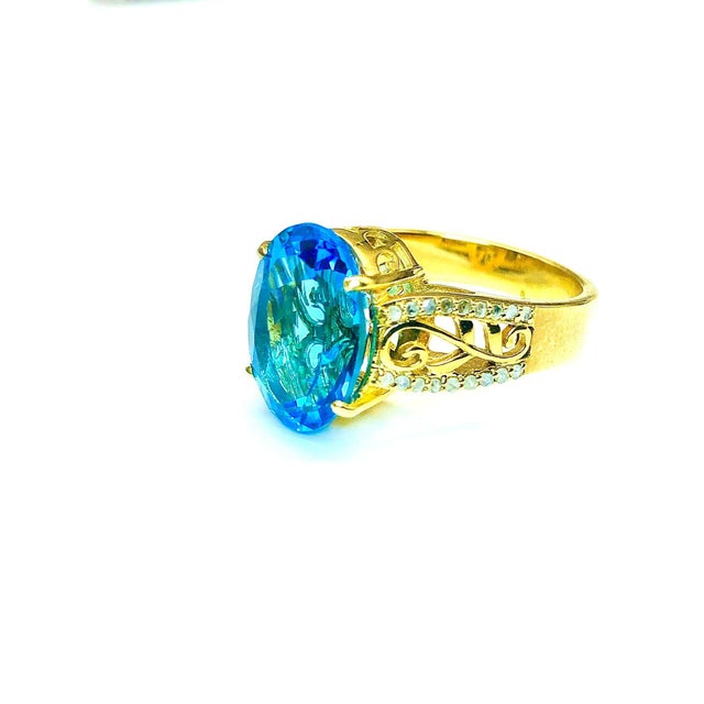 Bochic "Capri" Vintage Blue Topaz & Diamonds Retro Ring 18K Gold & Silver For Sale - Image 9 of 18