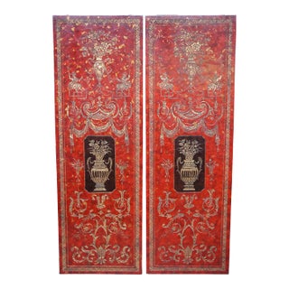 Mid 20th Century French Neoclassical Style Red Lacquer Wall Hanging Panels Gold Urns & Figures - Set of 2 For Sale