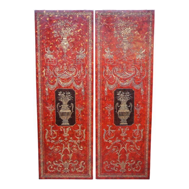 Mid 20th Century French Neoclassical Style Red Lacquer Wall Hanging Panels Gold Urns & Figures - Set of 2 For Sale