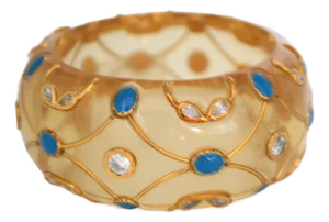 1990s Isharya Bracelet Cuff Bangle Lucite Acrylic Resin Crystal Turquoise Blue Strass Wide Gold Plated