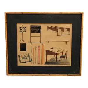 Circa 1950 Vintage School Days Print in Faux Bamboo Frame