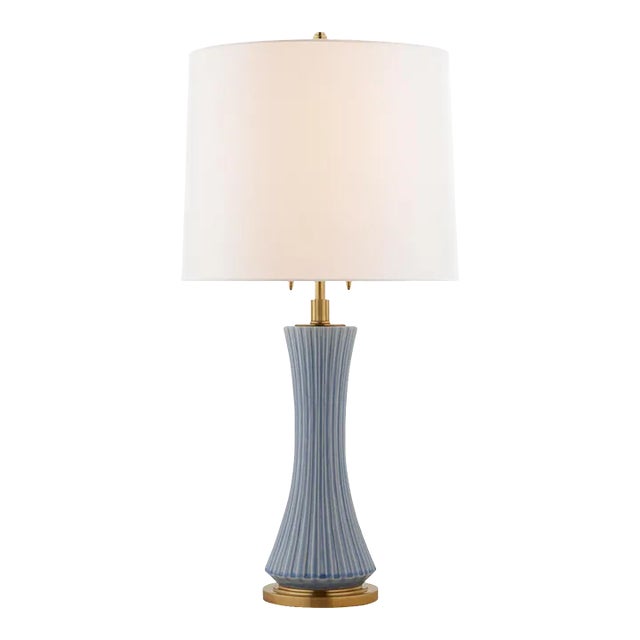 Thomas O'Brien for Visual Comfort Signature Elena Large Table Lamp in Polar Blue Crackle with Linen Shade For Sale