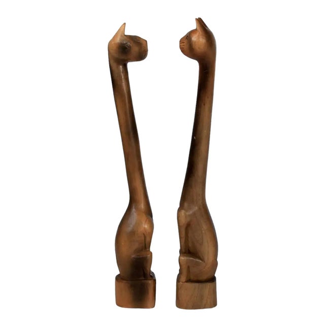 Pair of Mid-Century Carved Long Neck Cat Figurines For Sale - Image 11 of 12