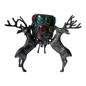 Vintage Cast Iron Reindeer Candle Holder With a Multi-Colored Glass Pillar