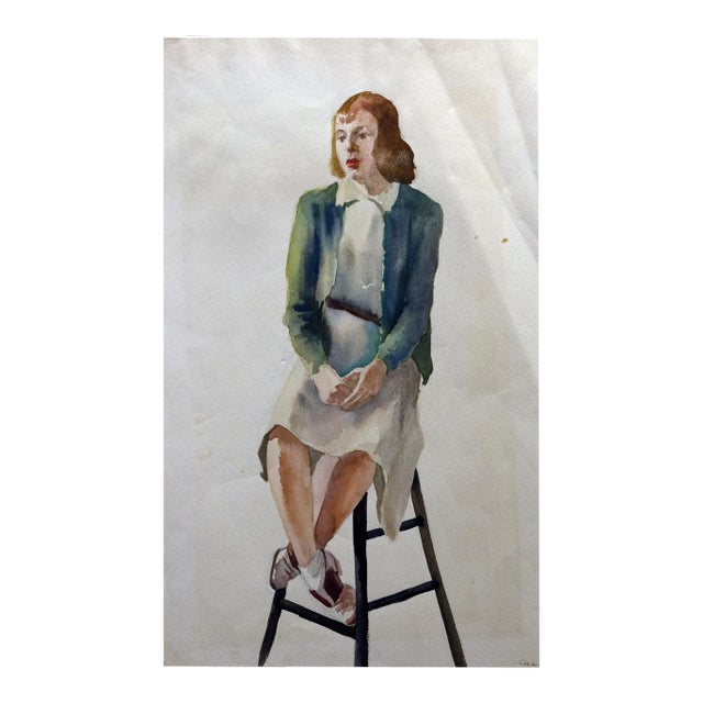 Original 1940's Watercolor Painting of a Woman For Sale