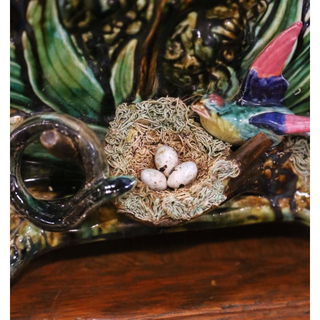 Green Pair of 19th Century French Barbotine Majolica Jardinières With Bird and Foliage For Sale - Image 8 of 16