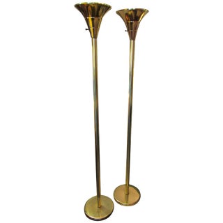 Pair of Brass Torchere Floor Lamps, Circa 1970s For Sale