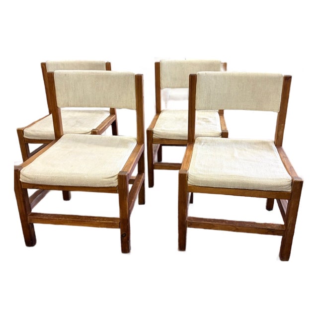 Mid Century Angular Wood Dining Chairs With Thick Linen Upholstery For Sale