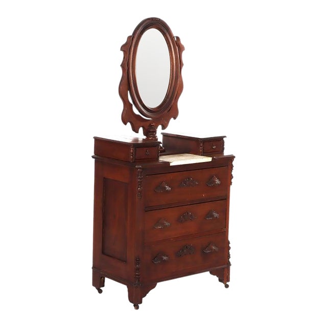 Walnut 5-Drawer Marble Top Child’s Dresser With Mirror & Carved Pulls Circa 1890 For Sale