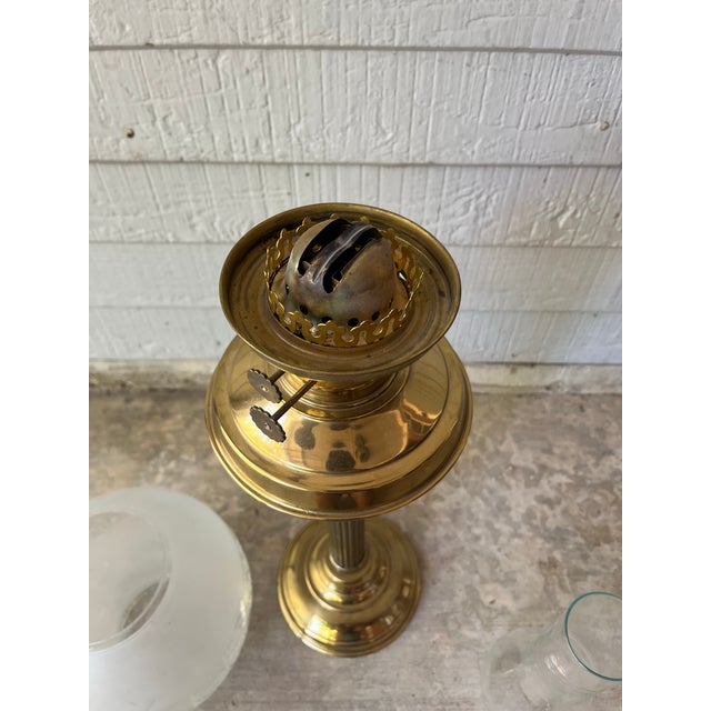 1890s Antique Edwardian Solid Brass English Tall Oil Lamp For Sale - Image 9 of 12