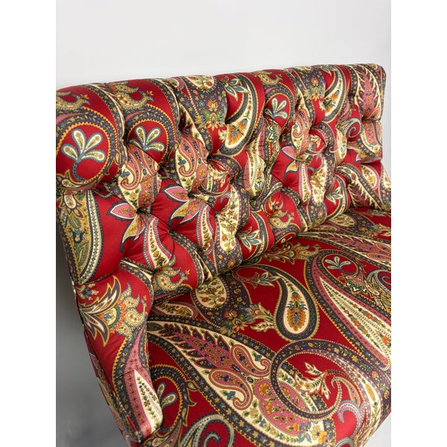 Tufted Settee in Red Paisley Textile For Sale - Image 4 of 6
