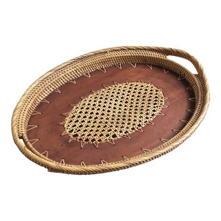 Vintage Cane & Woven Rattan Oval Serving Tray For Sale