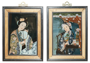 Chinese Artist, Ancestral Portraits, Hand Painted Glass, Set of 2