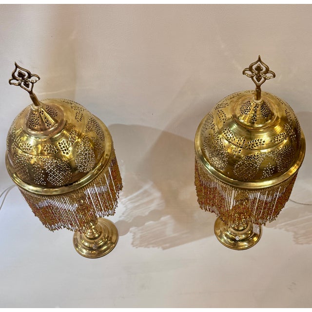 1970s Vintage Brass Table Lamps With Glass Beads - a Pair For Sale - Image 5 of 14