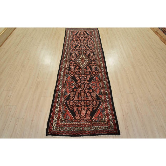Cabin Hamedan Runner 3'6'' X 10' Black Wool Vintage Tribal Hand-Knotted Oriental Rug For Sale - Image 3 of 15