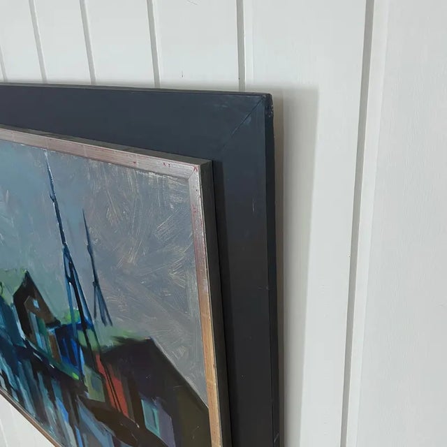 Textile 1950s Large Mid-Century Swedish Modernist Harbor Oil Painting by Dag Björn Hellsing For Sale - Image 7 of 11