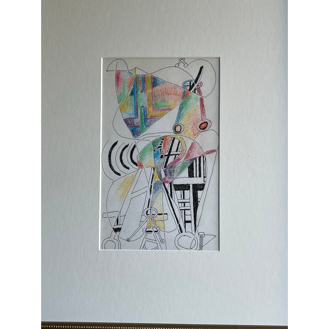 Vintage modernist abstract mixed media landscape drawing by Jewel Haley. Color pencil and pen and ink initialed and dated...