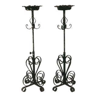 Antique Wrought Iron Hand Forged and Adjustable Floor Candle Holders - a Pair For Sale